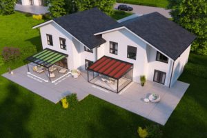 3D-Grafik Doppelhaus mit zu Typen von Terrassenüberdachungen mit Markise als Sonnenschutz