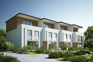 Reihenhausanlage mit vorgehängten, hinterlüfteten Putzfassaden.