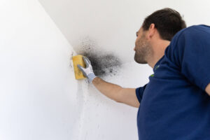 Mann entfernt Schimmel mit Anti-Schimmelprodukt