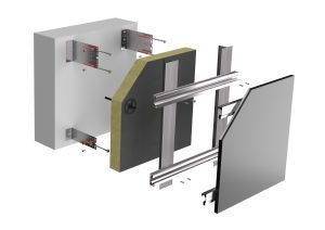 Explosionsgrafik für PV-System für die Fassade: Die patentierten Einlegeschienen werden in der Unterkonstruktion verankert. Anschließend werden die Photovoltaikmodule eingestellt und gegen seitliches Verschieben gesichert. Ein Tausch einzelner Elemente ist jederzeit möglich.