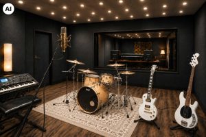KI-Bild eines Tonstudios. Bei optimalen Tonaufnahmen kommt es primär auf den Sound an, nun stimmt dank Hanno-Tect Dark auch der dunkle Style für die richtige Atmosphäre im Studio.