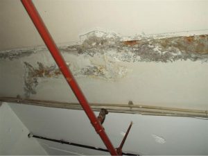 Typisches Schadensbild: Trennrisse in der Deckenuntersicht mit Rostfahnen und Aussinterungen