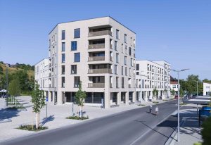 Gesamtaufnahme von Neubau in Blaustein mit Klinkerfassade. Moderne Stadtmitte in Blaustein: Das Gebäudeensemble vereint Wohnen mit Einkaufen und Arbeiten, die Tiefgarage bietet Platz für den ruhenden Verkehr. Rund 7.500 Quadratmeter Fläche – barrierefrei und energieeffizient.