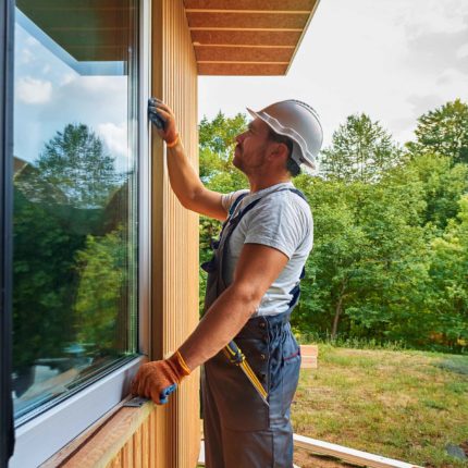 KI-Bild von Fensterbauer Handwerker, der weißes Fenster in Holz-Rohbau installiert. Bäume und Büsche im Hintergrund.