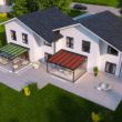 3D-Grafik Doppelhaus mit zu Typen von Terrassenüberdachungen mit Markise als Sonnenschutz