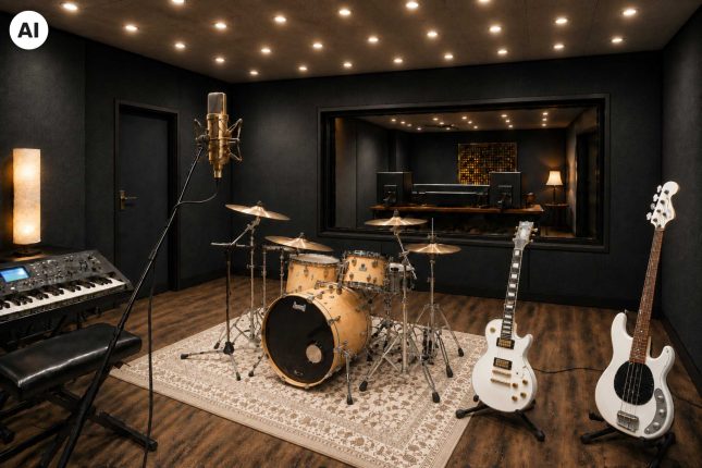 KI-Bild eines Tonstudios. Bei optimalen Tonaufnahmen kommt es primär auf den Sound an, nun stimmt dank Hanno-Tect Dark auch der dunkle Style für die richtige Atmosphäre im Studio.